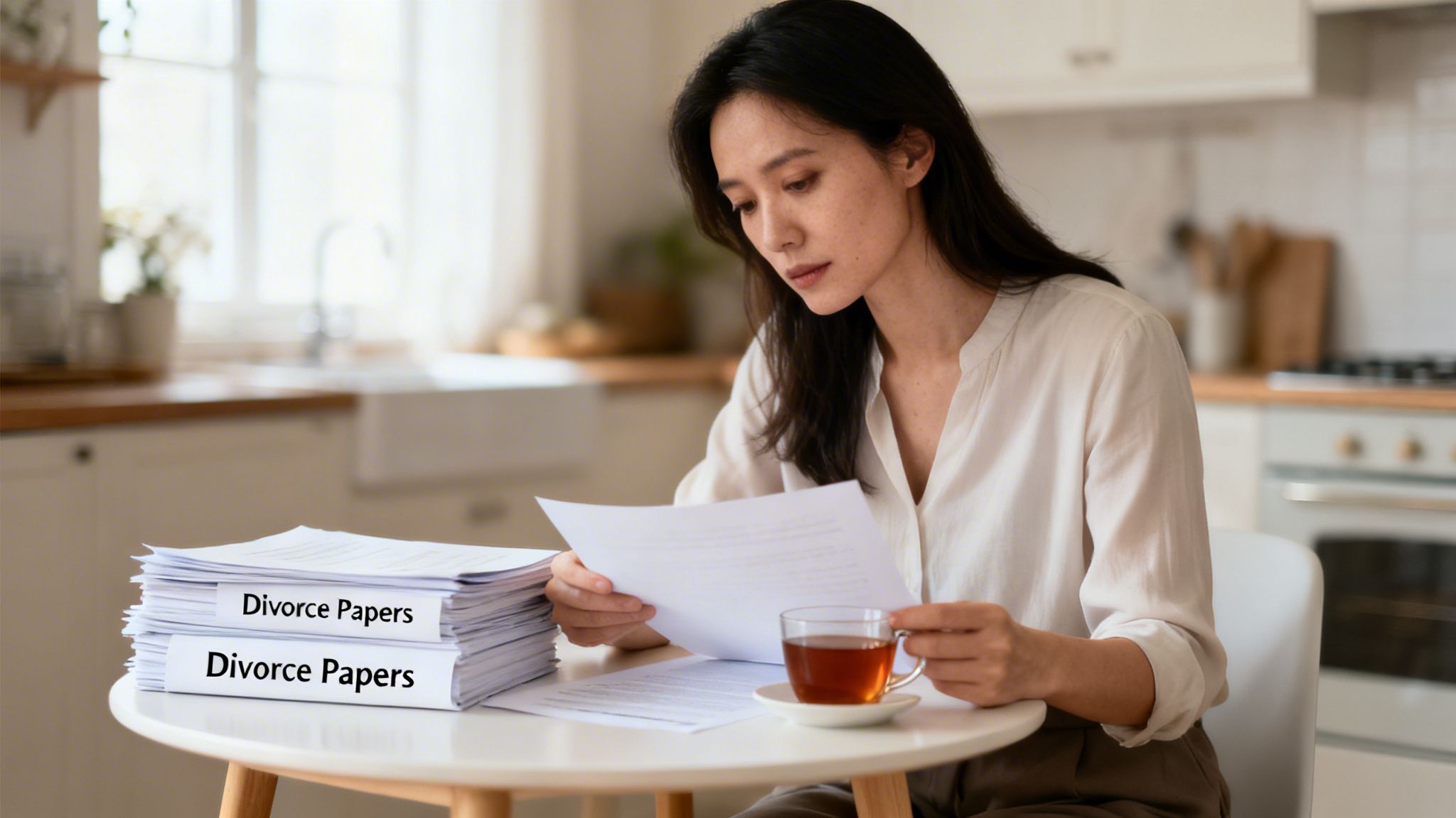 A serious woman reviews a stack of divorce papers while drinking tea in her kitchen.