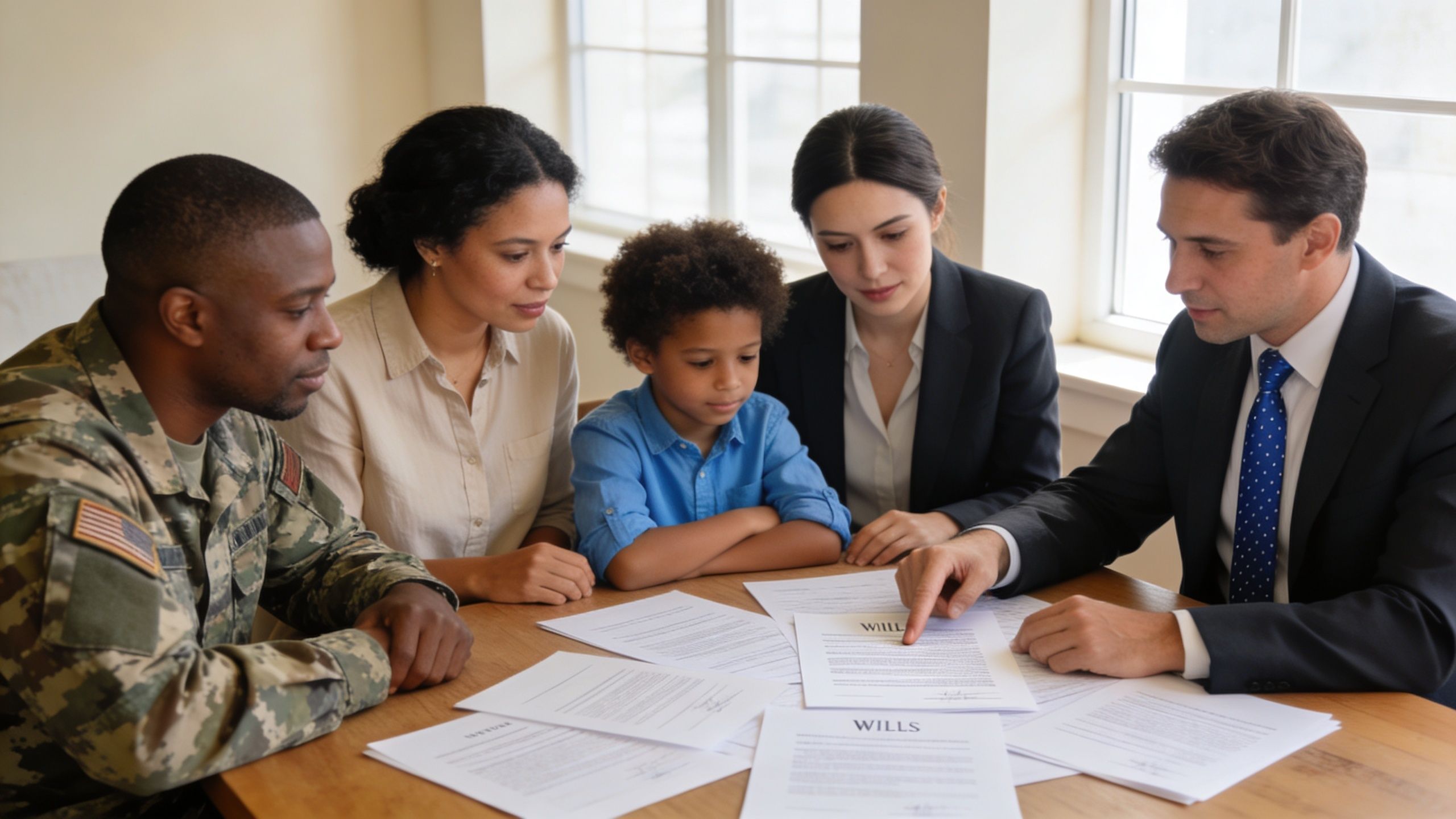 A family and their lawyer sitting at a table reviewing estate planning documents for wills and trusts.