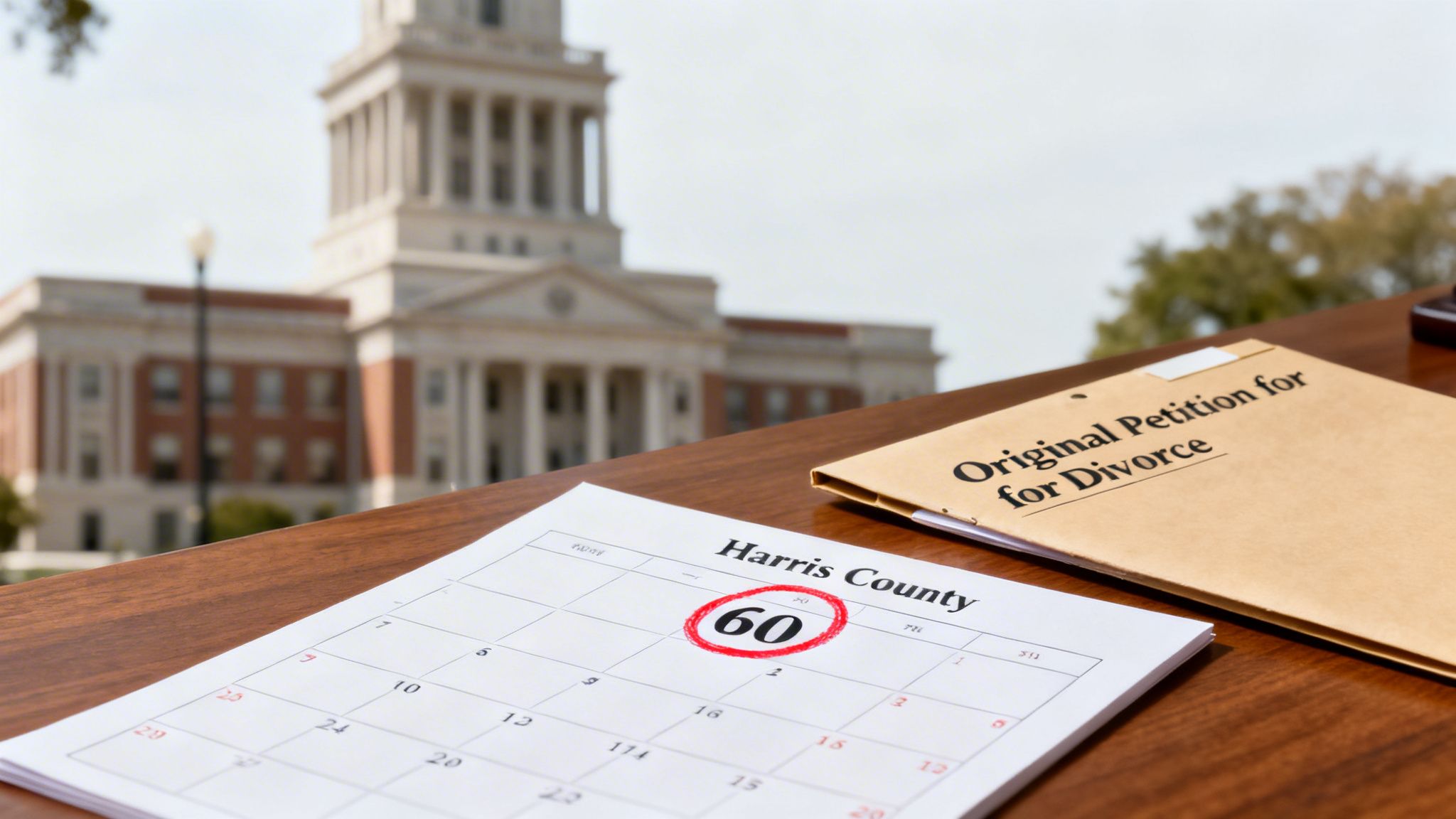 A calendar with 'Harris County' and '60' circled, next to an 'Original Petition for Divorce' folder, with a courthouse in the background.