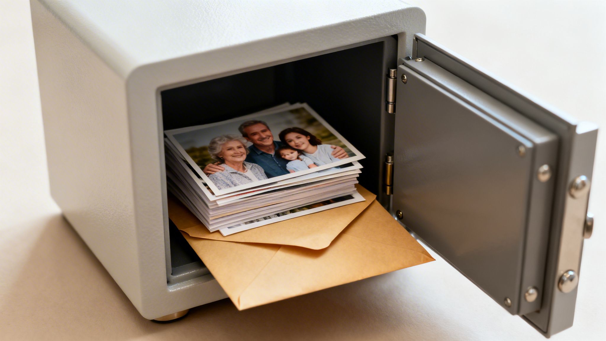 An open grey safe reveals a stack of family photos and brown envelopes, preserving cherished memories.