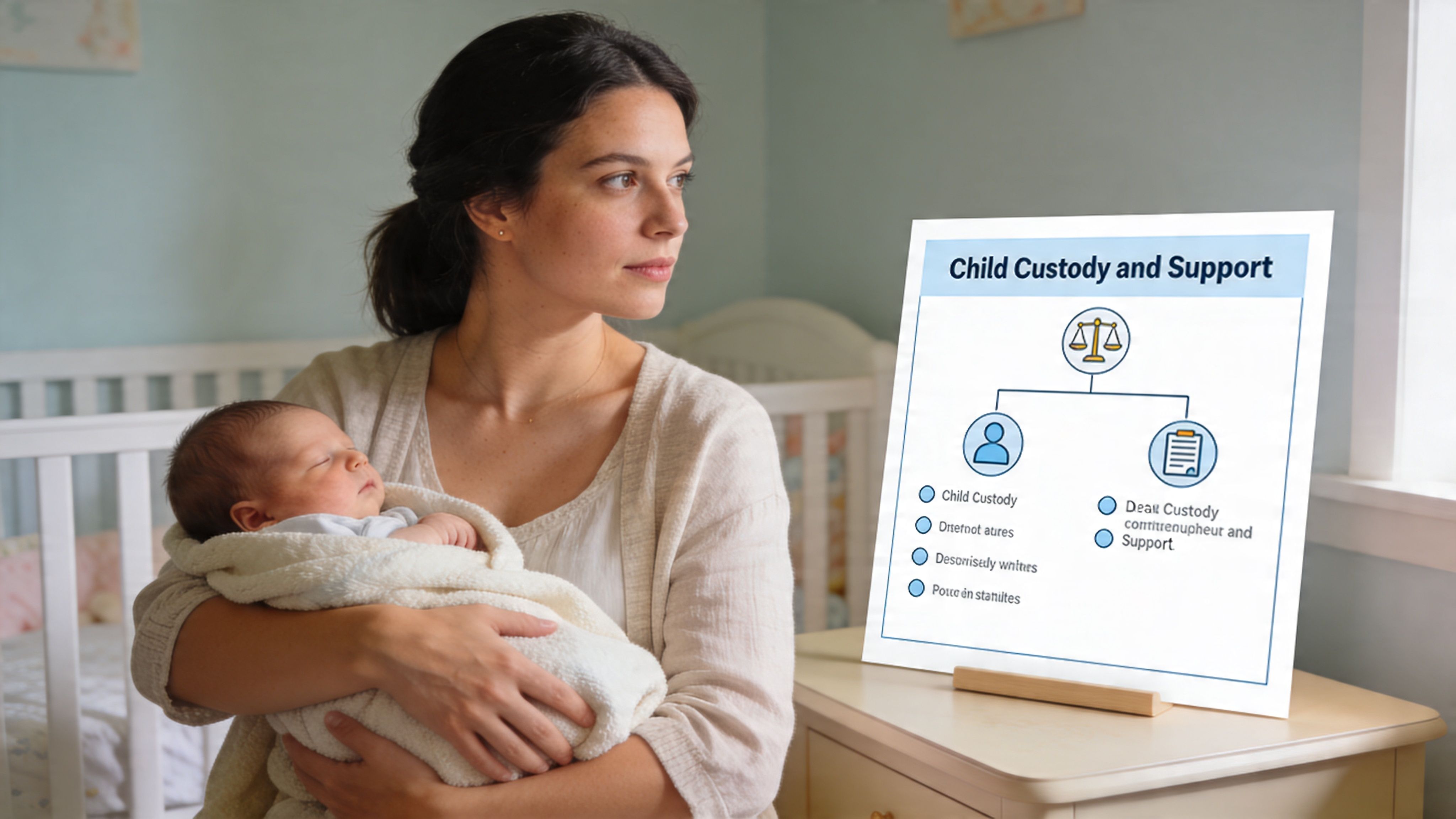 A woman holding her newborn baby while looking at a chart about child custody and support