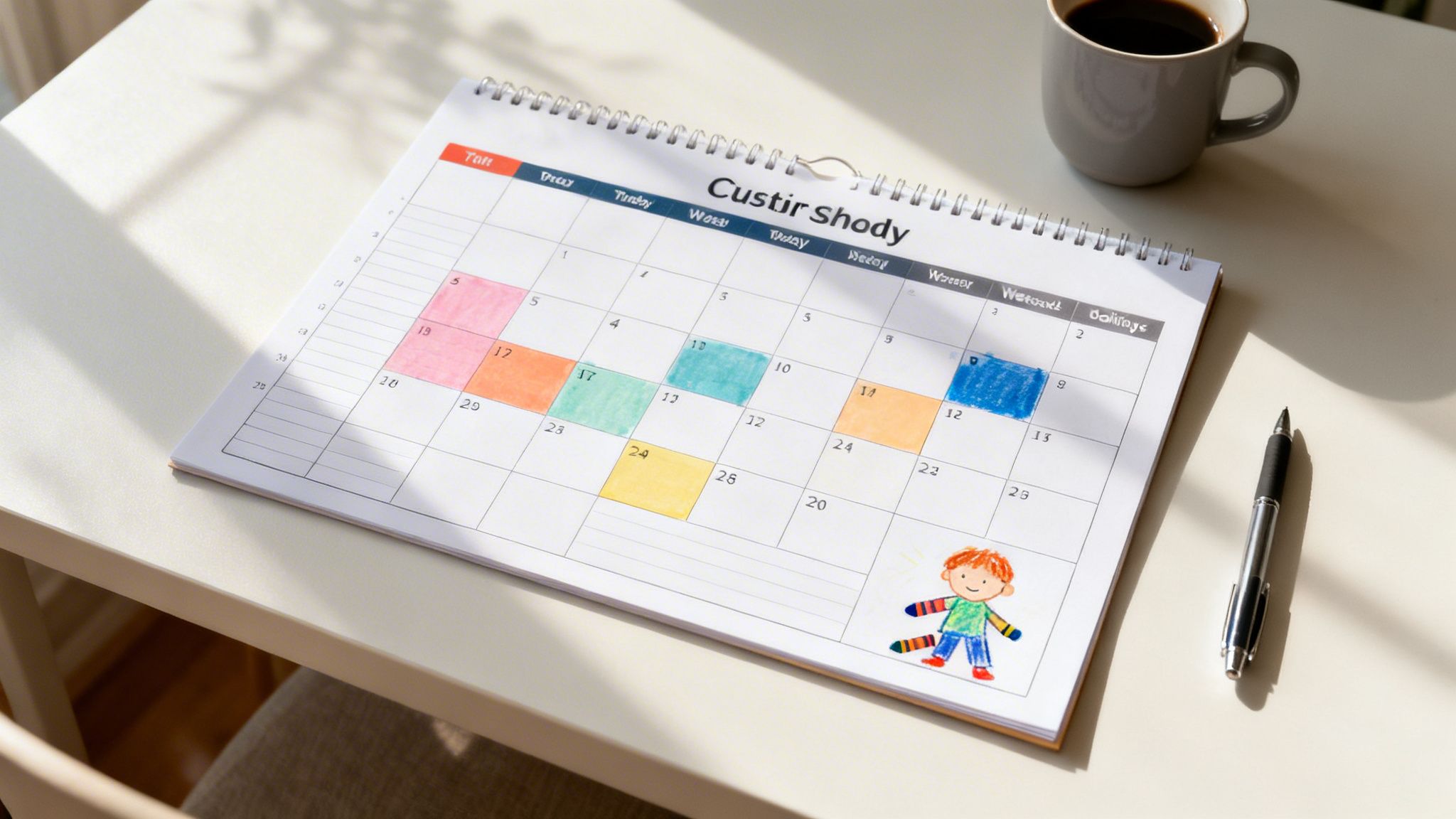 A desk calendar with colorful highlighted dates, a coffee mug, and a pen on a sunlit table.