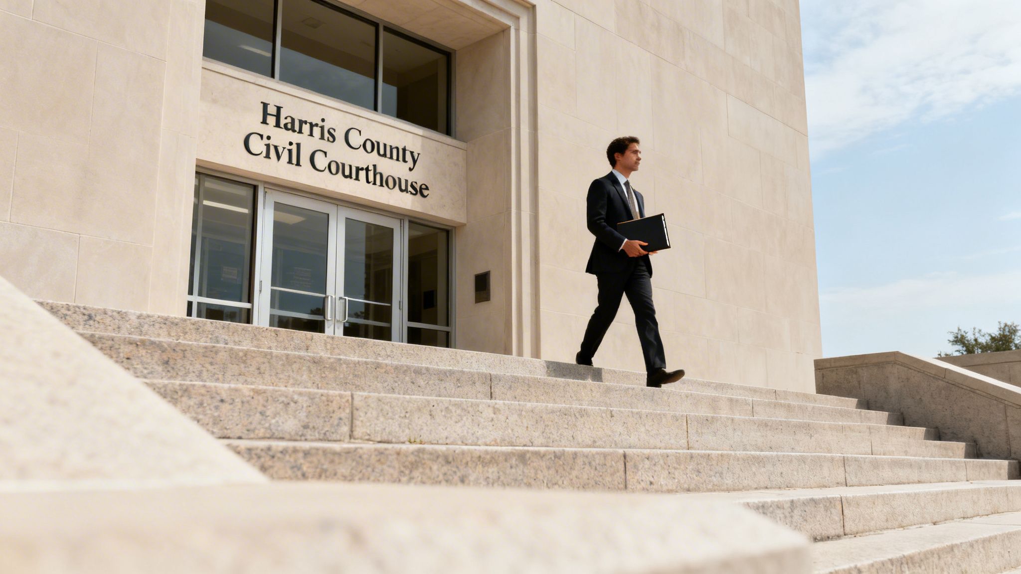 A man in a suit walks down the steps of the Harris County Civil Courthouse holding a folder.