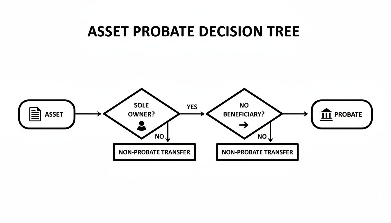 Flowchart illustrating the decision process for an asset, determining if it requires probate or a non-probate transfer.