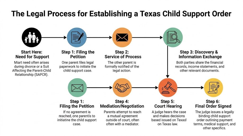 A flowchart infographic illustrating the legal steps required to establish a child support order in Texas.