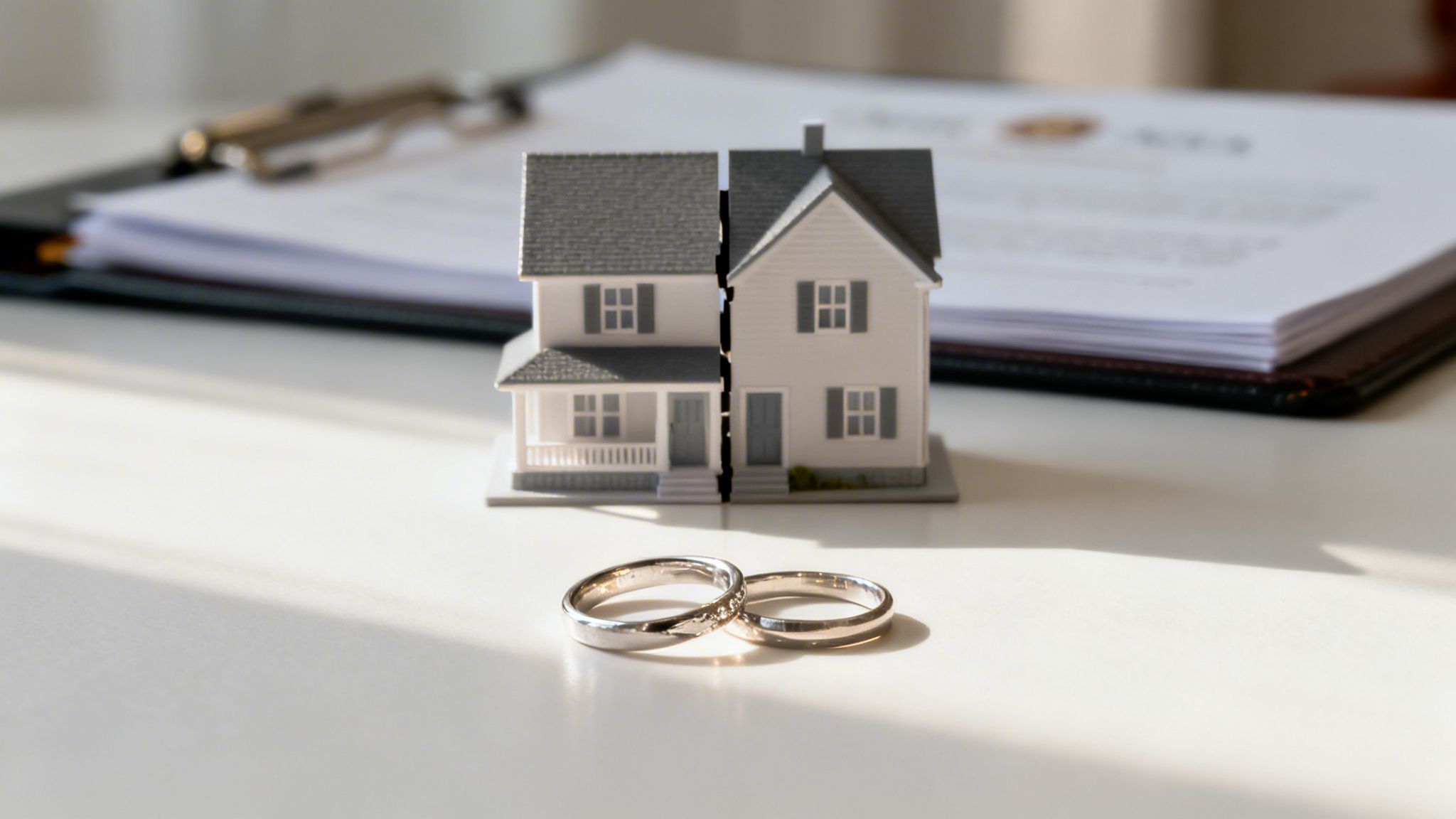 A miniature house split in half, wedding rings, and legal documents symbolizing divorce and asset division.