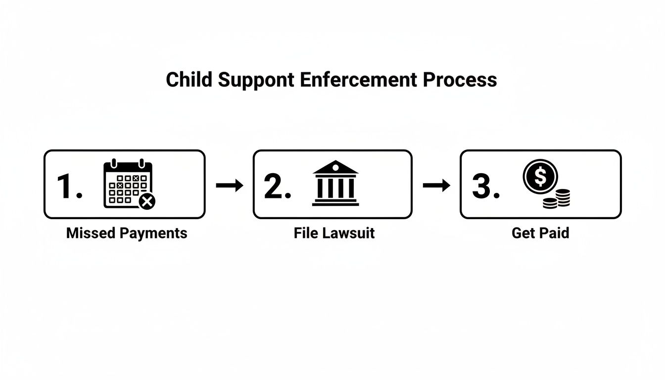 A flowchart illustrates the child support enforcement process, detailing steps from missed payments to filing a lawsuit and getting paid.