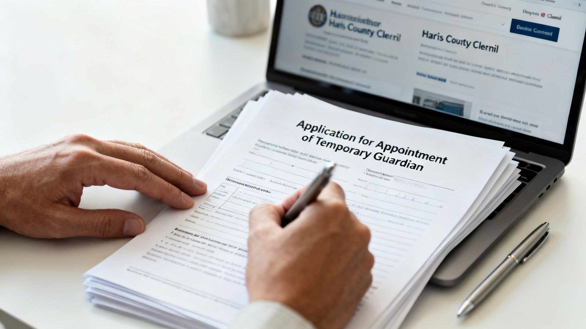 Close-up of hands filling out an 'Application for Appointment of Temporary Guardian' form near a laptop.