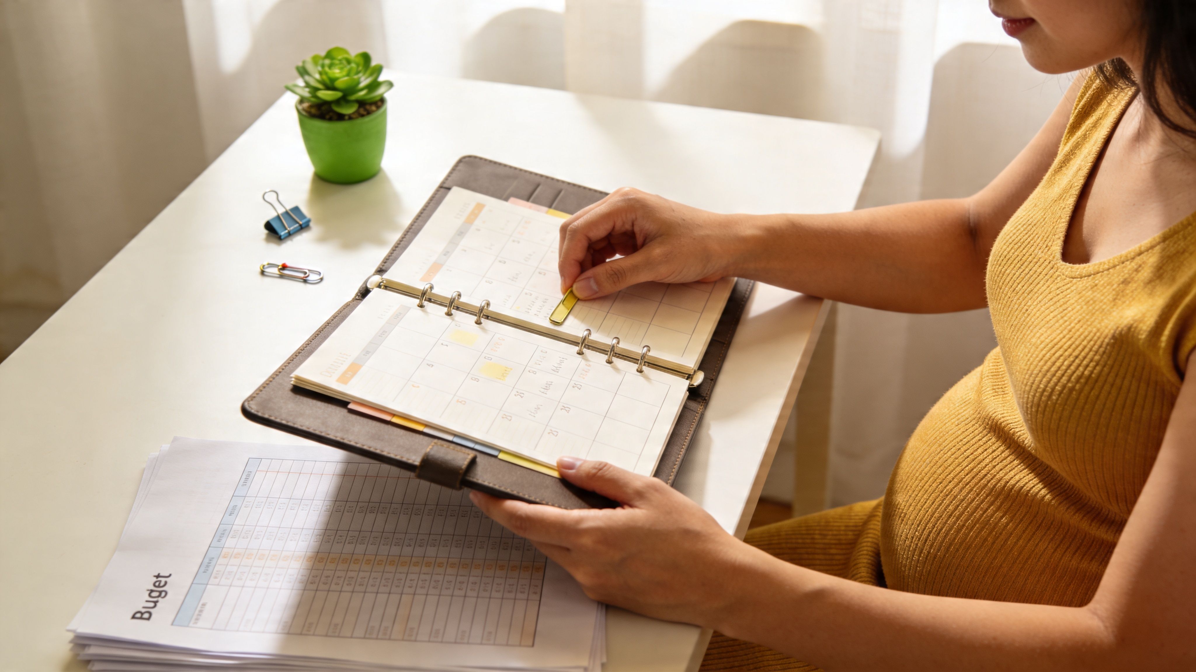 A pregnant woman in a yellow dress organizing her schedule in a planner at a desk.