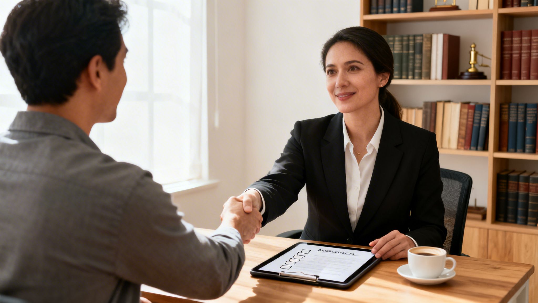 A female lawyer shaking hands with a client, confirming a legal agreement.
