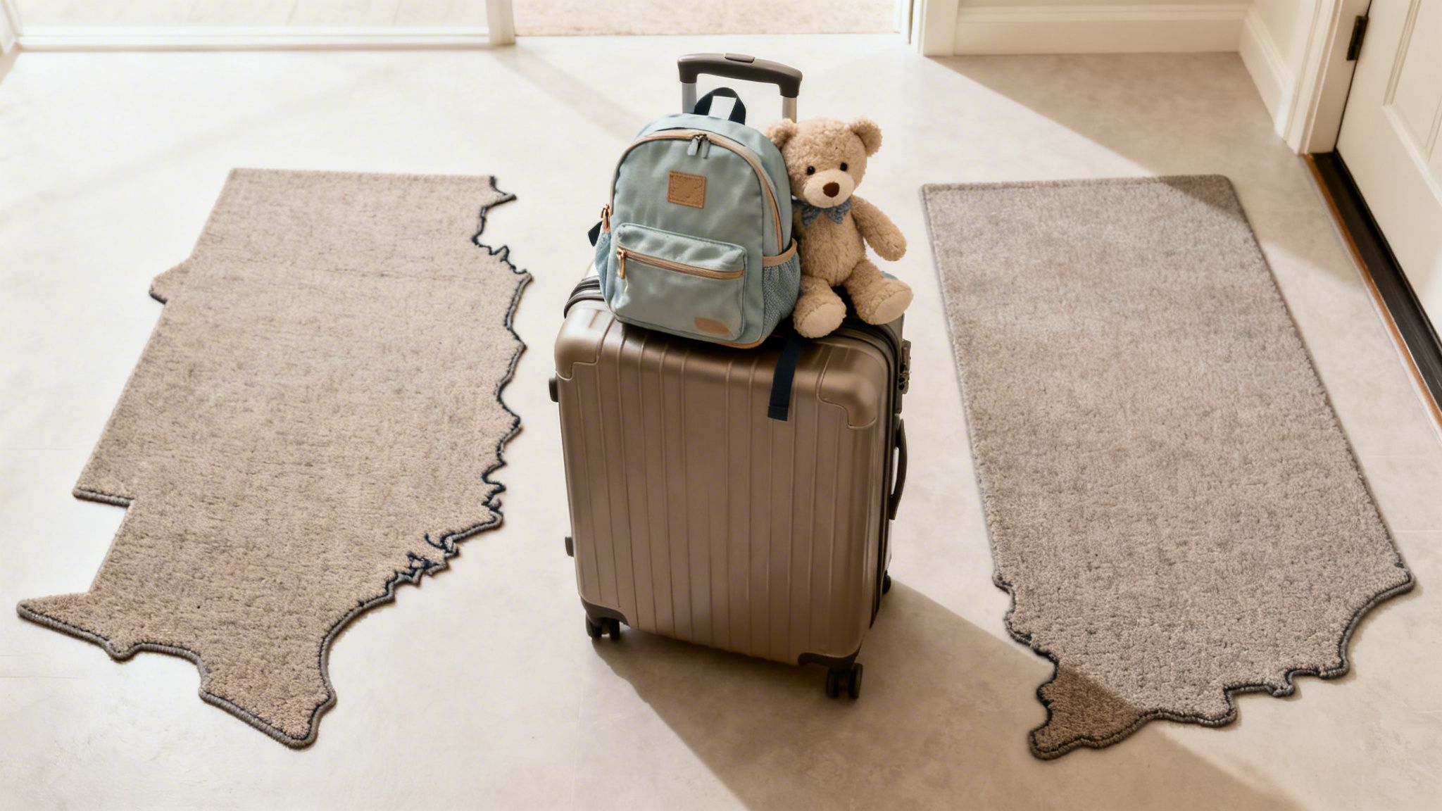 A suitcase with a backpack and a teddy bear sits between two state-shaped rugs in a doorway, implying travel.