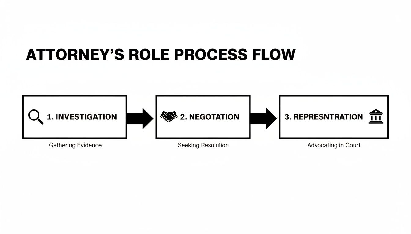 A flowchart illustrates an attorney's role, covering investigation, negotiation, and court representation.
