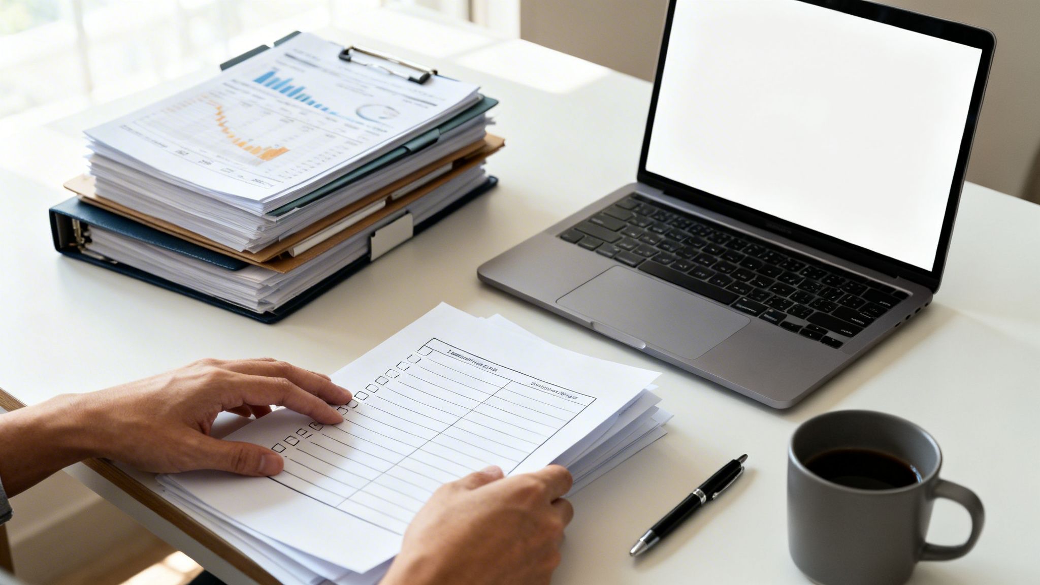 A person's hands hold checklist papers on a desk with documents, a laptop, and coffee.