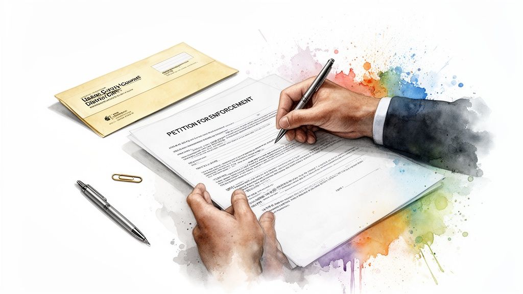 A person's hands are signing a legal petition for enforcement, with an envelope and pen nearby.