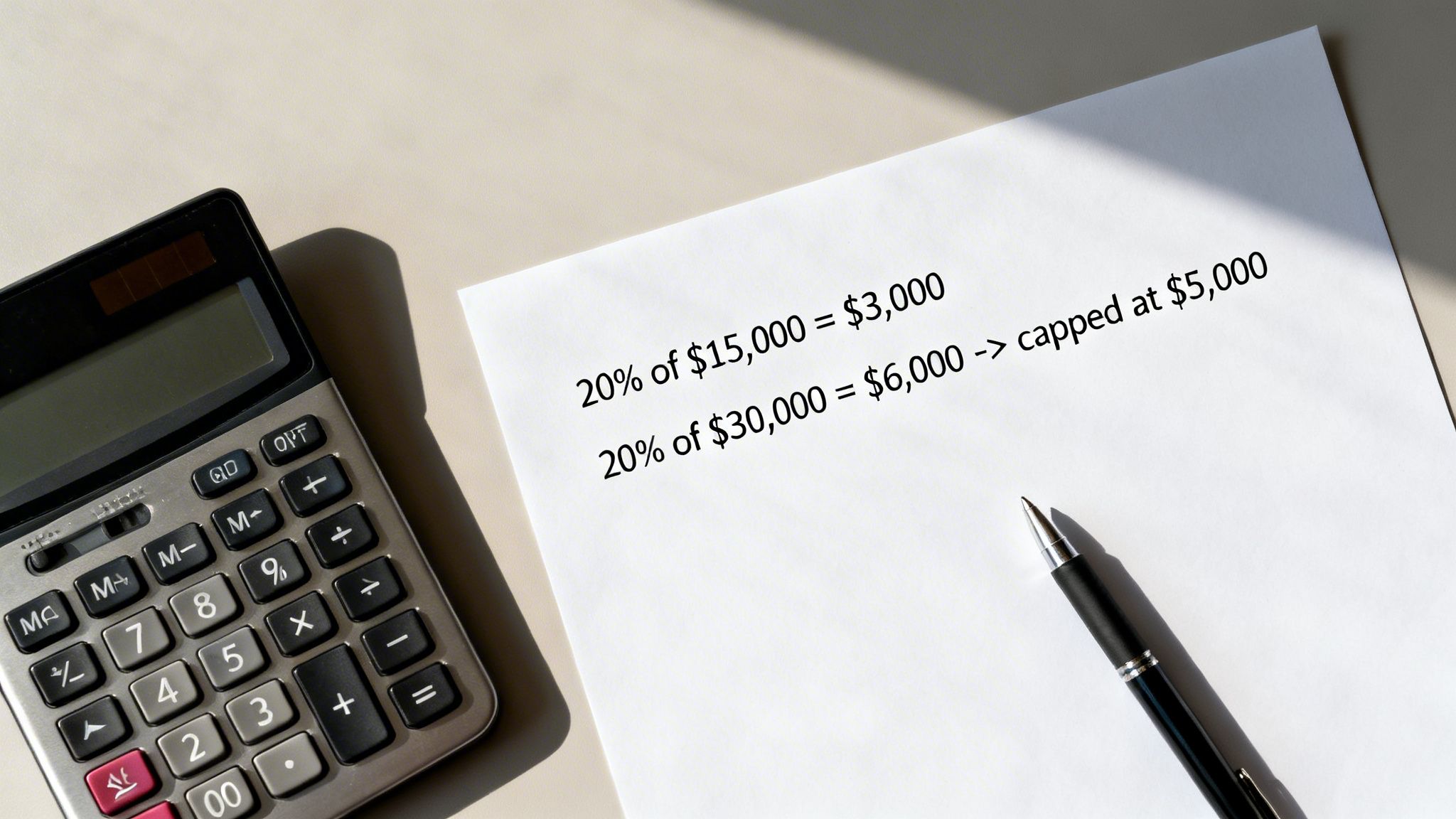 Paper with financial calculations (20% of amounts, with a cap) next to a calculator and pen.