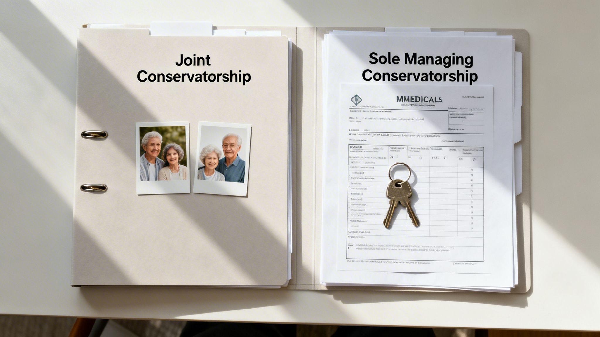 Folders illustrating joint and sole managing conservatorship, with photos of seniors and keys.