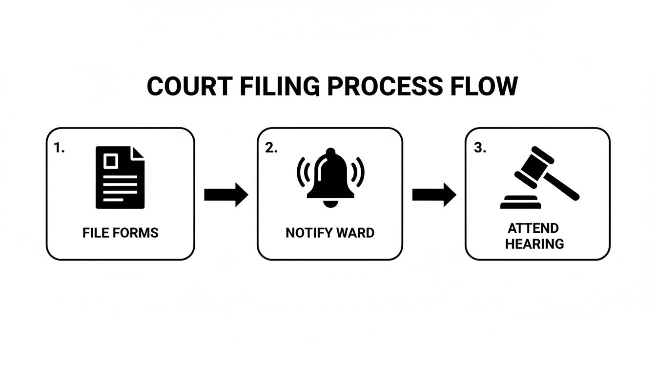 Flowchart illustrating a three-step court filing process: file forms, notify ward, and attend hearing.