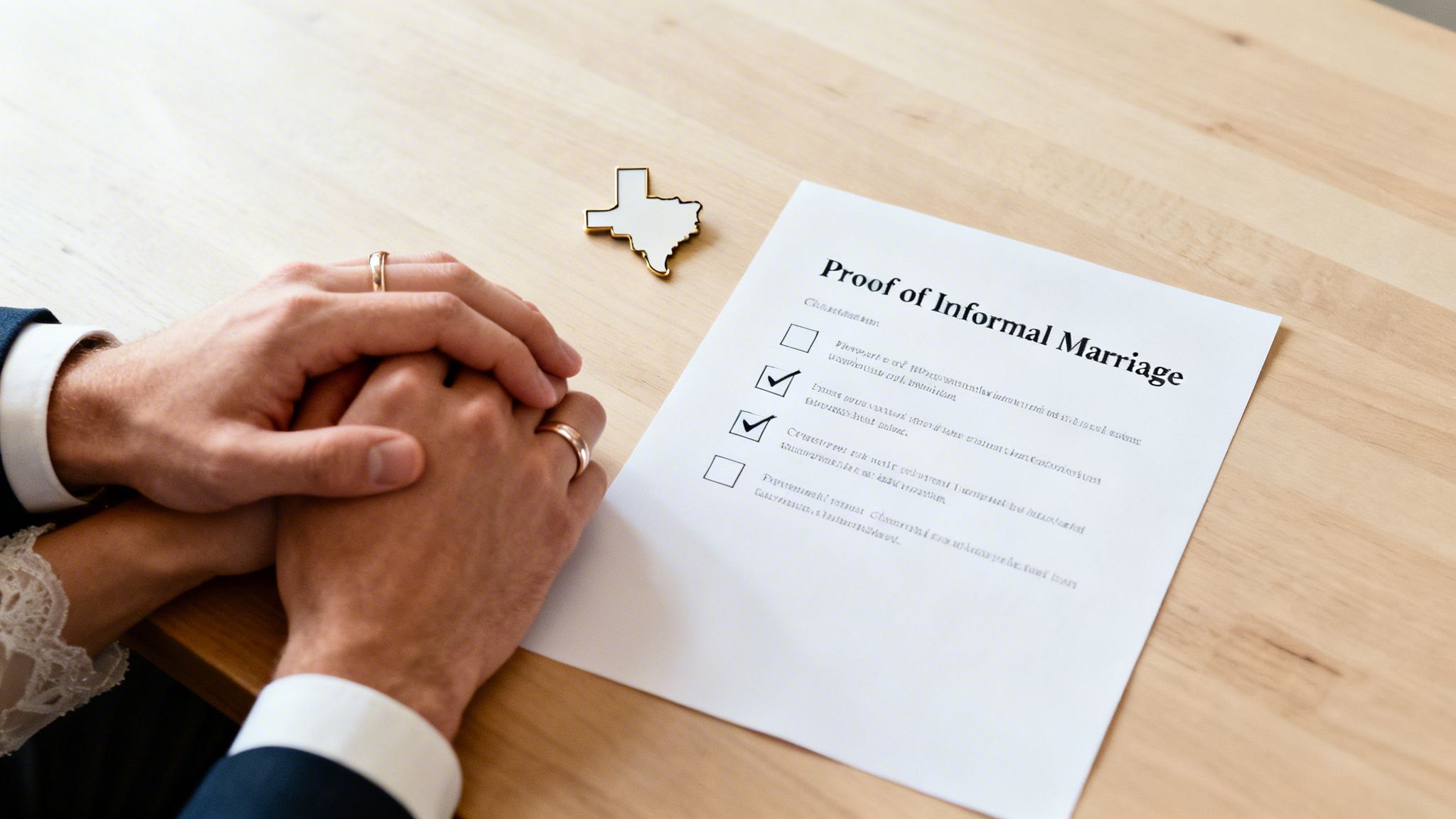 A couple's hands with wedding rings resting on a table next to a 'Proof of Informal Marriage' document and a Texas pin.