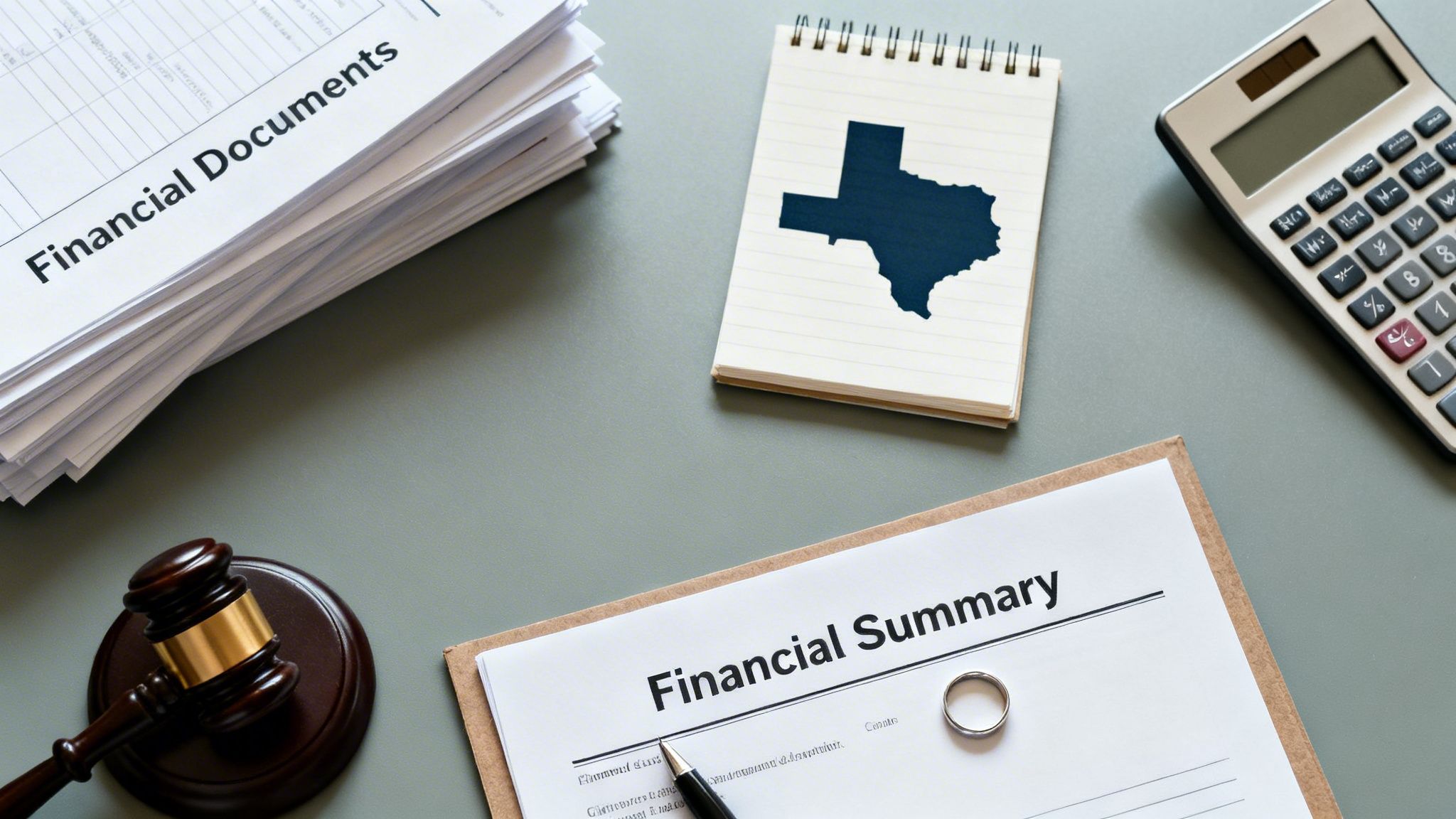 A desk with financial documents, a gavel, a calculator, a Texas map, and a financial summary.