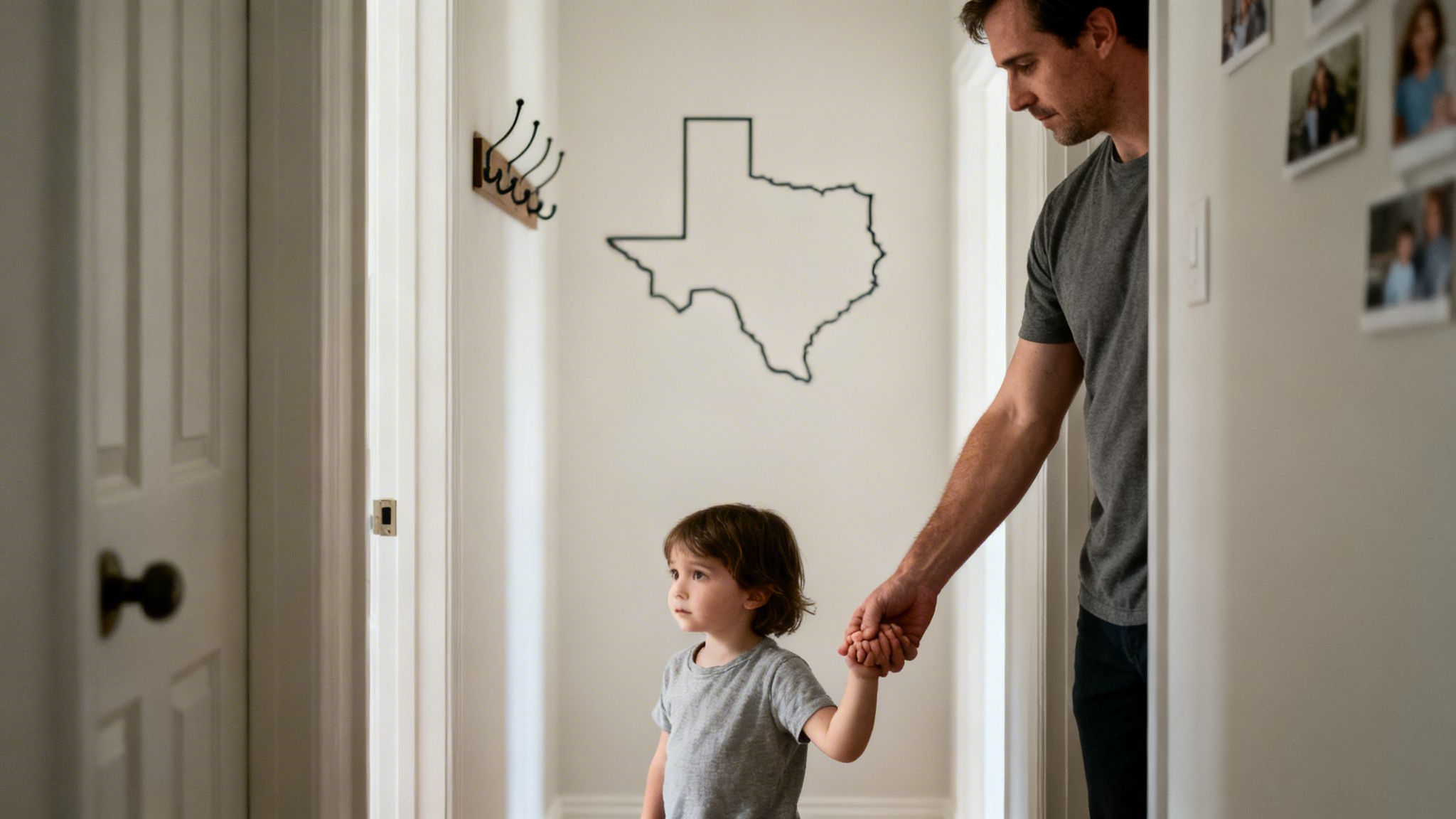 A father and young child holding hands, walking through a doorway in a home.