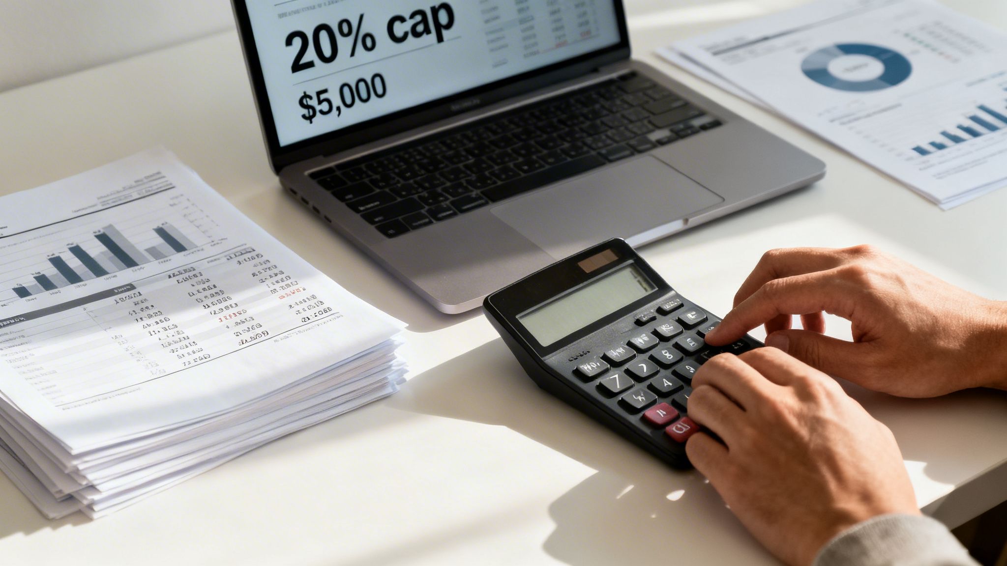 A person uses a calculator while working on financial documents and a laptop showing data.
