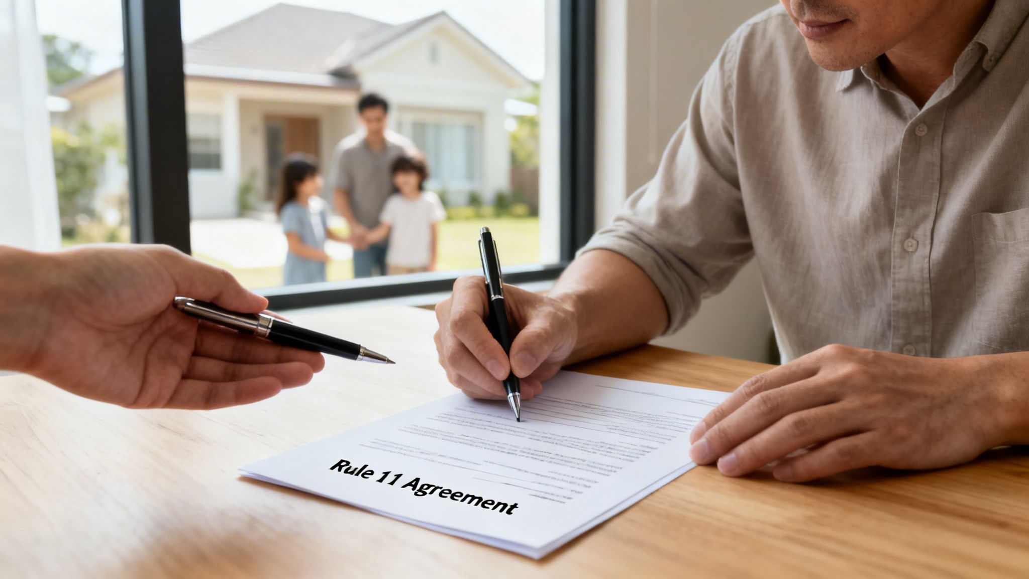A man signs a "Rule 11 Agreement" document at a table, with a family and house visible outside.