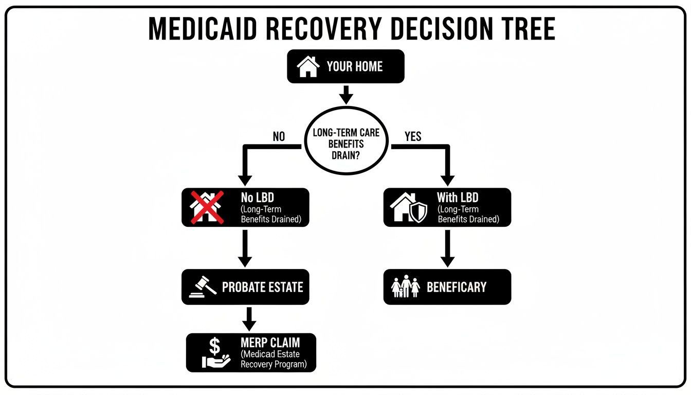 Flowchart illustrating the Medicaid Recovery Decision Tree for a home, detailing paths for long-term care benefits.