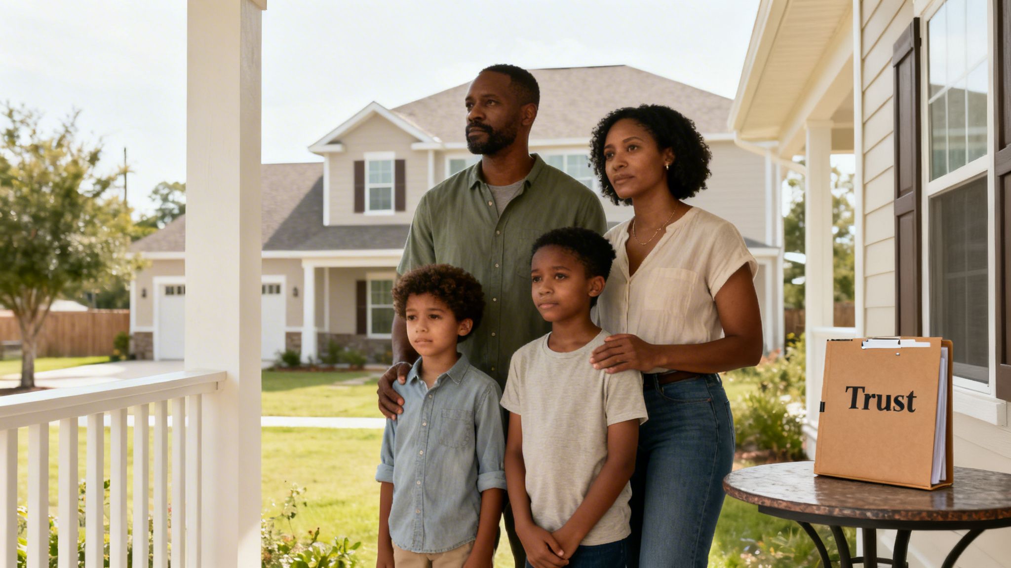 African American family of four stands on their new home's porch with a folder labeled 'Trust'.