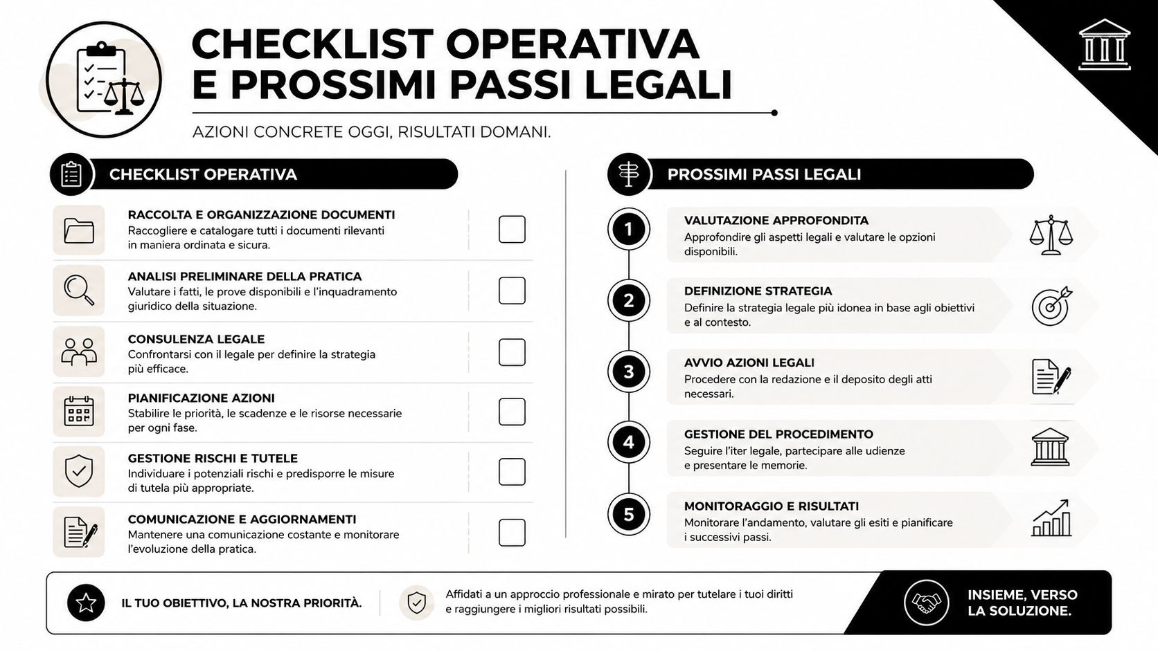 Checklist operativa e guida ai passi legali per gestire efficacemente una pratica o controversia giuridica.