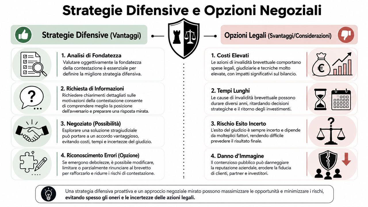 Infografica sulle strategie difensive e le opzioni legali in caso di contestazione di un brevetto aziendale.