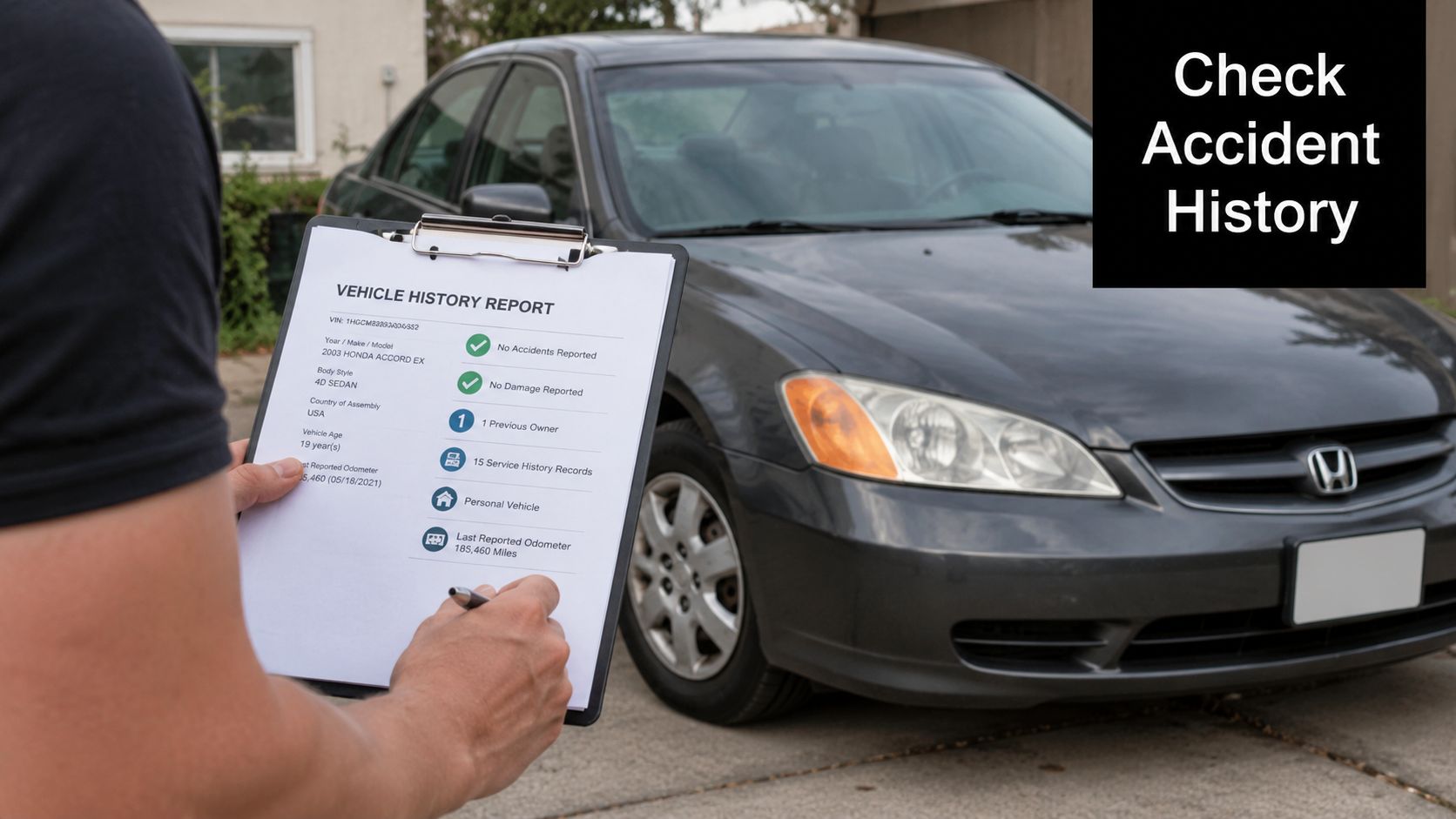 A person holding a clipboard with a vehicle history report in front of a used Honda sedan.