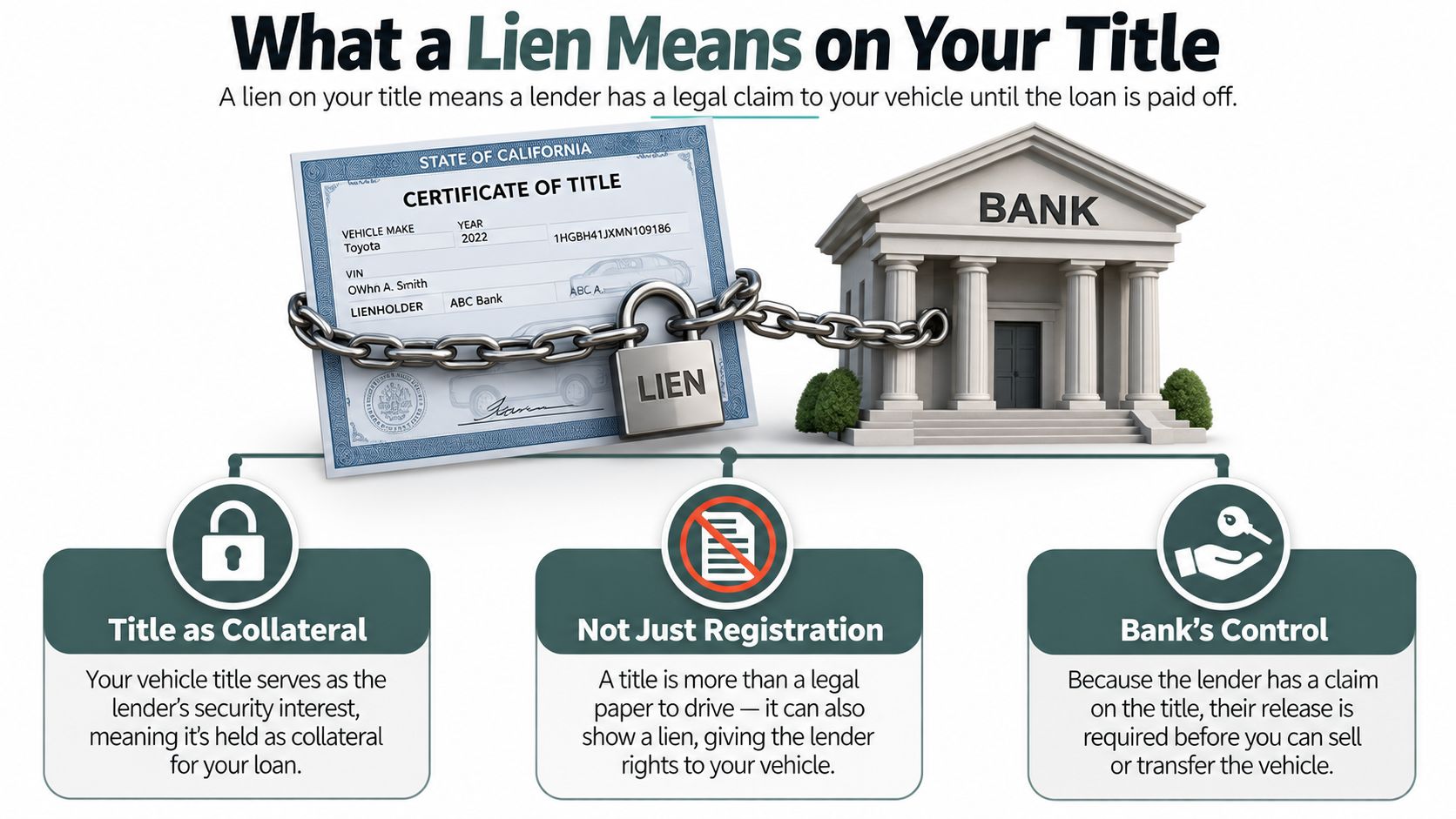 An infographic explaining what a lien on a car title means, involving a bank and a loan.
