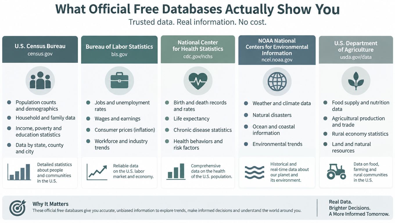An infographic showing five official U.S. government websites that provide free, reliable, and unbiased public data.