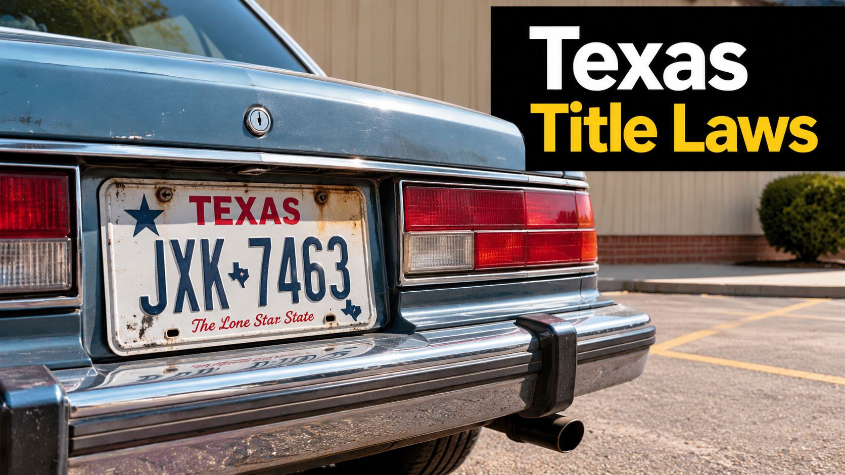 A close-up view of the rear of a vintage blue car with a Texas license plate.