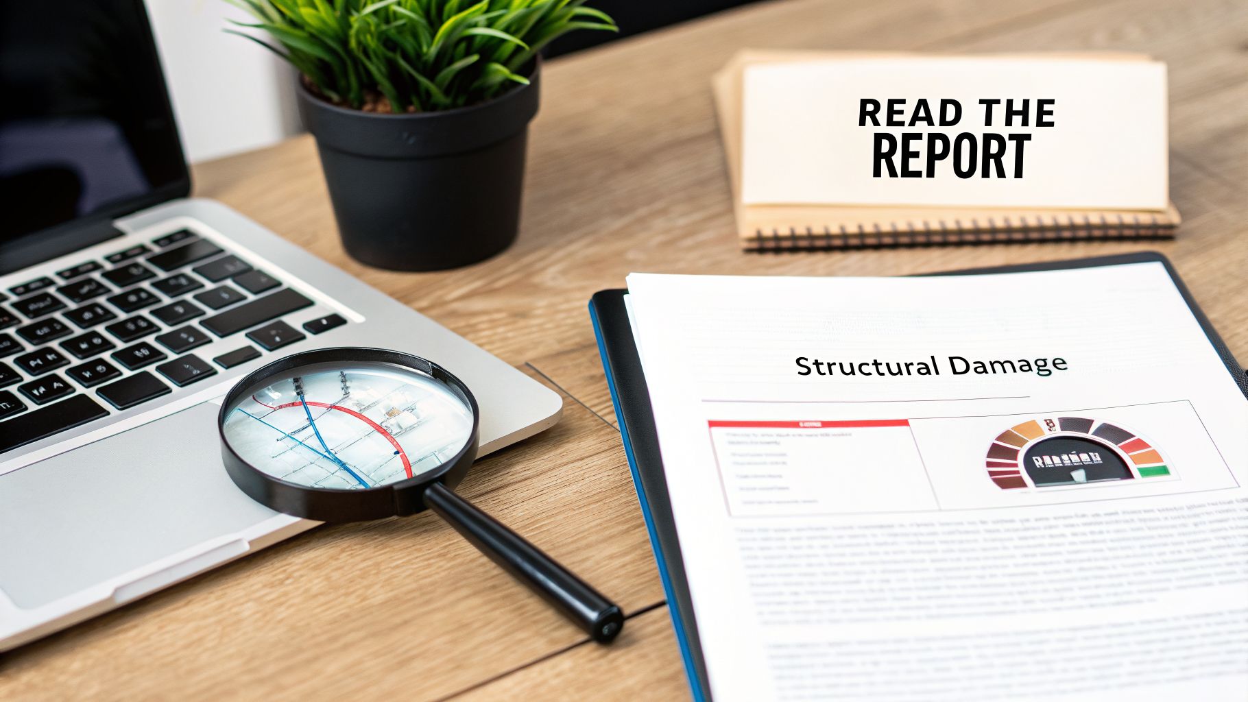 A desk setup featuring a laptop, a magnifying glass, a plant, and a "Structural Damage" report.