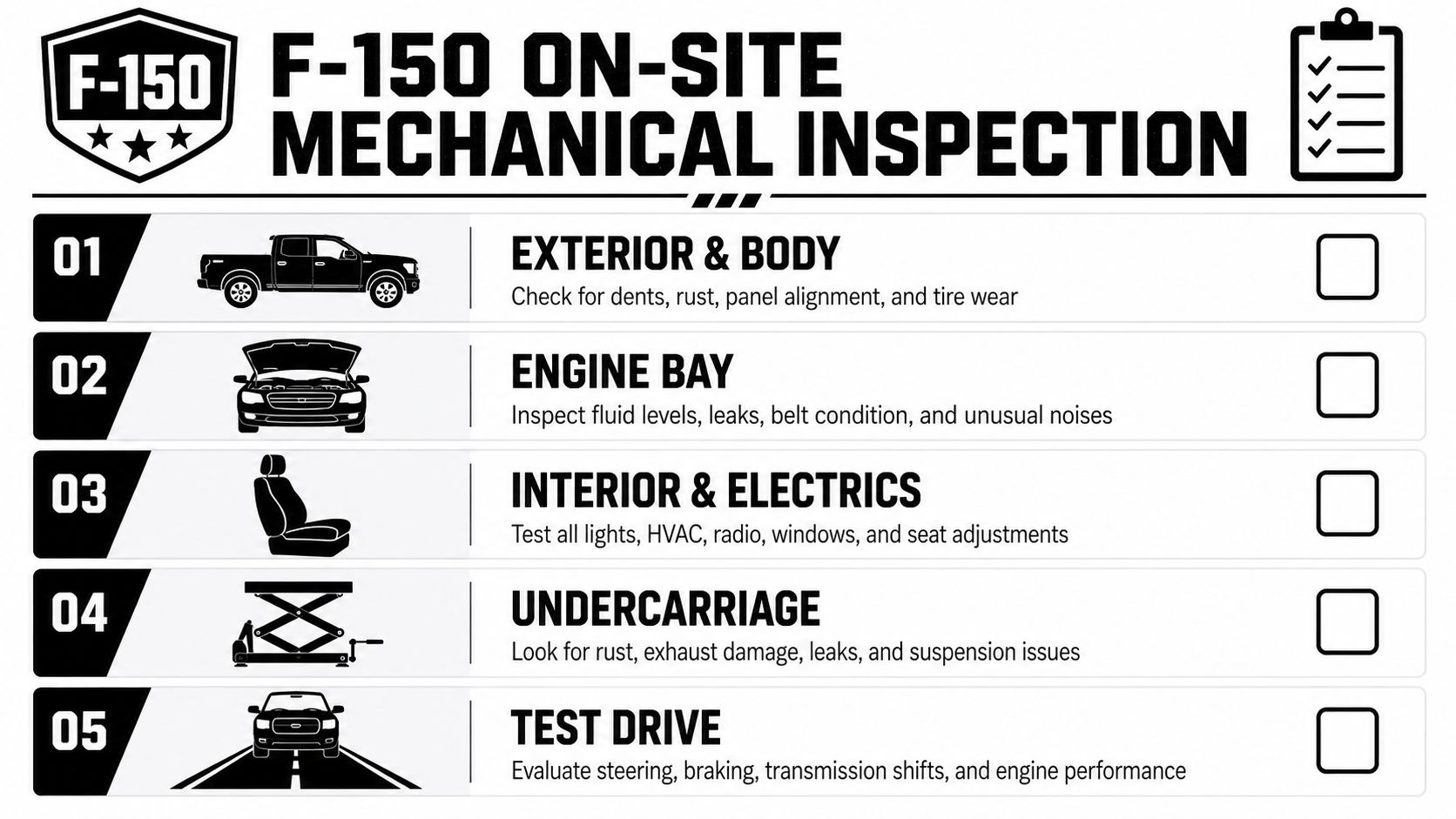 A Ford F-150 on-site mechanical inspection checklist detailing five key areas of assessment for vehicle maintenance.