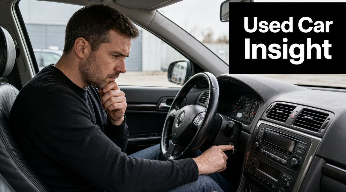 A concerned man sitting in the driver's seat of a car while trying to start the ignition.