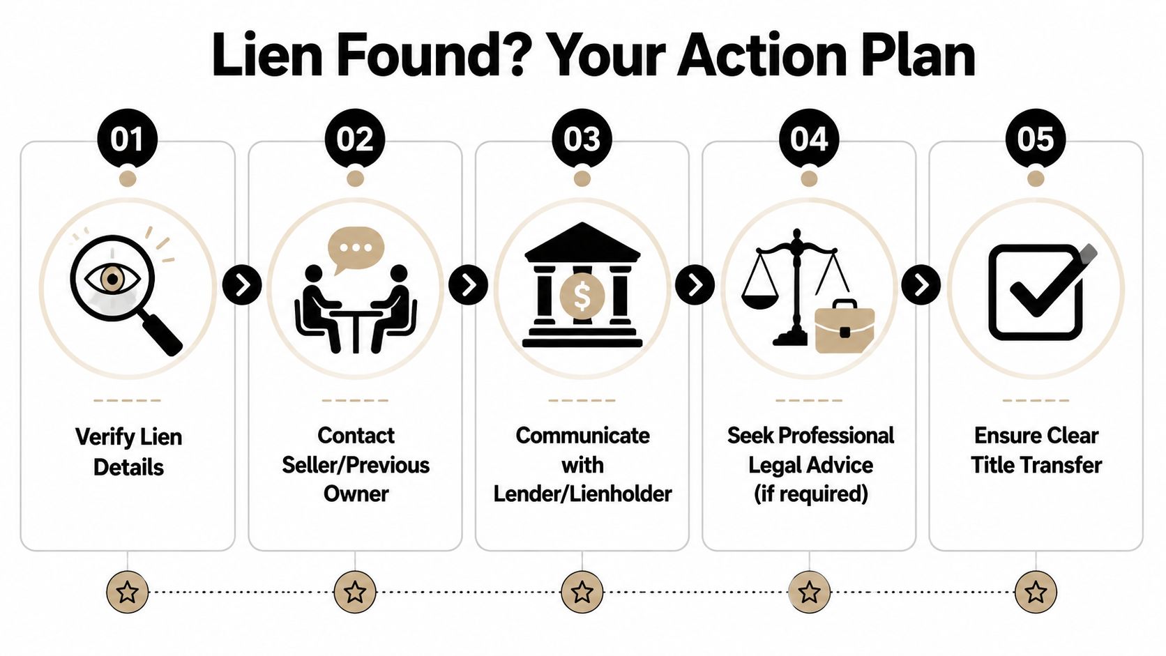 A flowchart infographic titled Lien Found? Your Action Plan outlining five essential steps for resolving property liens.