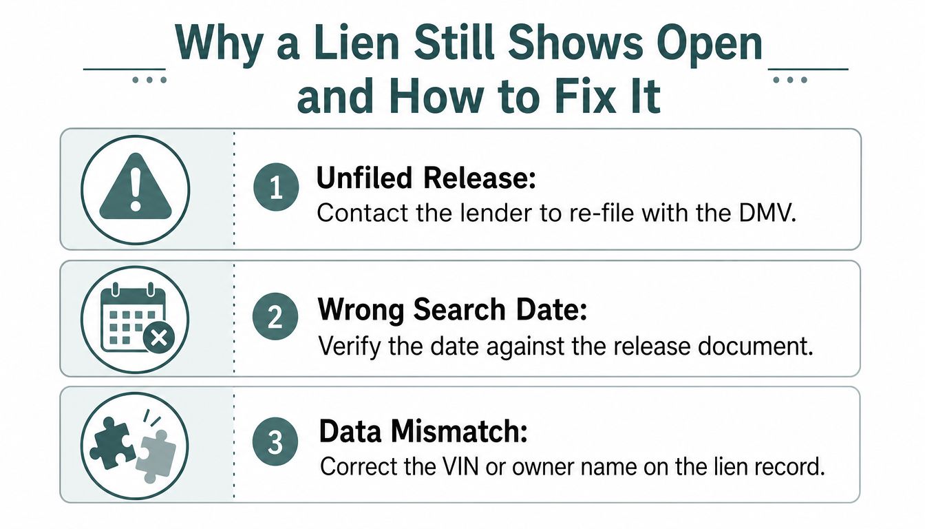 An infographic titled Why a Lien Still Shows Open and How to Fix It, listing three causes and solutions.