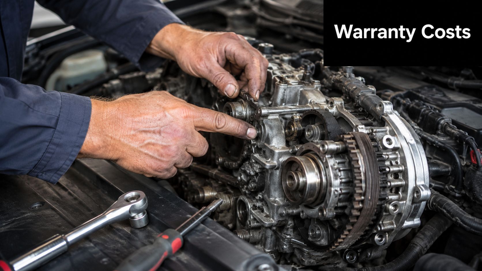 A close up view of a mechanic repairing a complex car engine part during maintenance work.