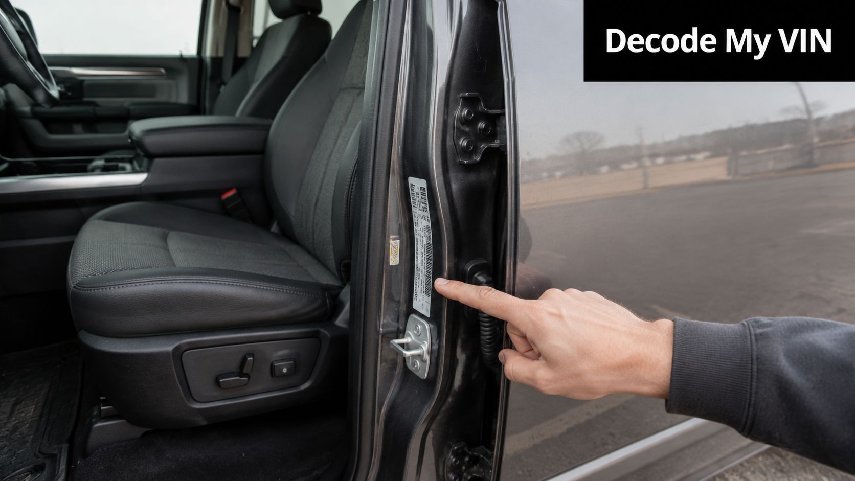 A person pointing to the VIN sticker located on the driver-side door jamb of a modern vehicle.