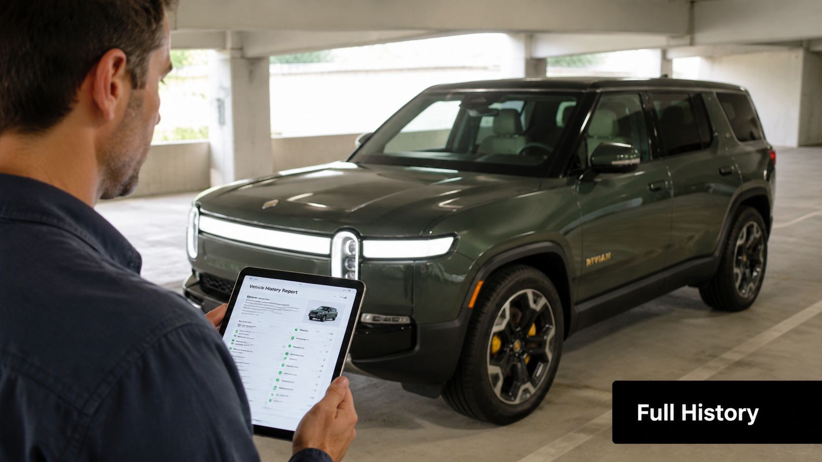 A person using a tablet to view a Rivian vehicle history report while standing by the car.