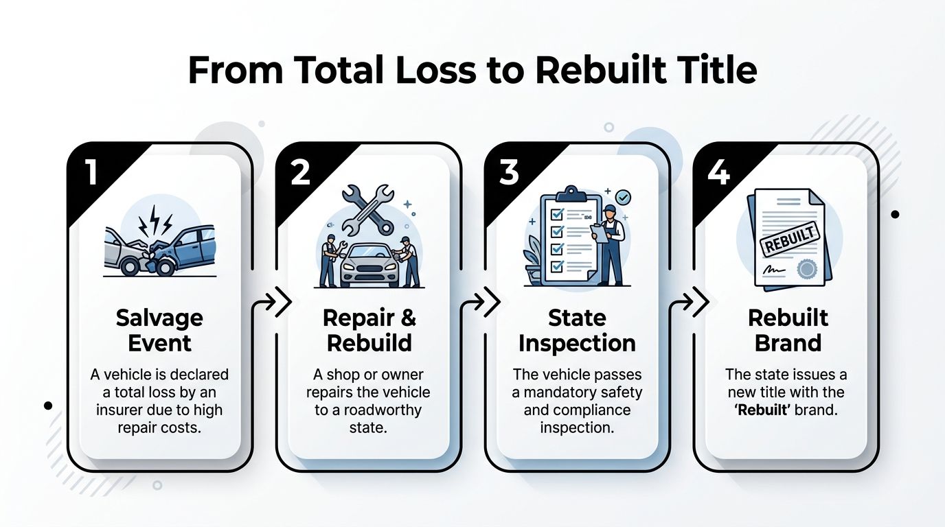 A four-step infographic illustrating the process from a vehicle salvage event to obtaining a rebuilt title.