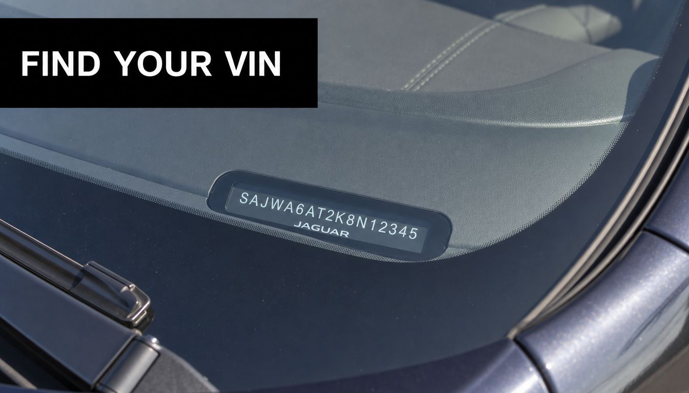 A close-up view of a Jaguar vehicle identification number displayed on the dashboard under the windshield.