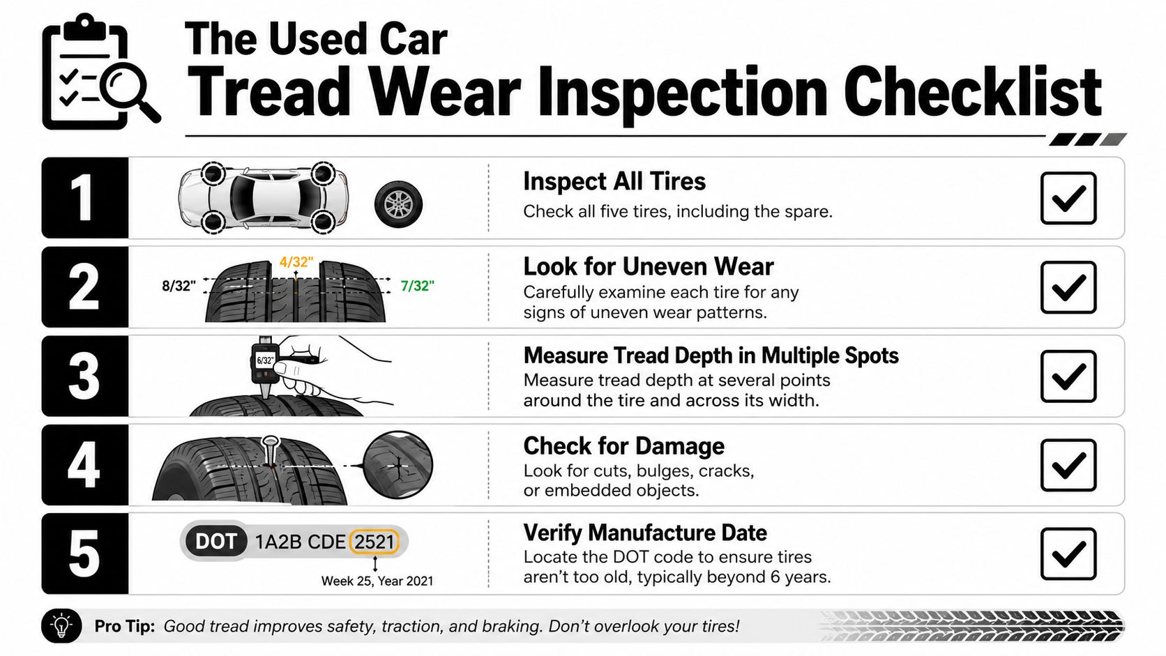 A five-step infographic guide explaining how to perform a comprehensive used car tire tread wear inspection.