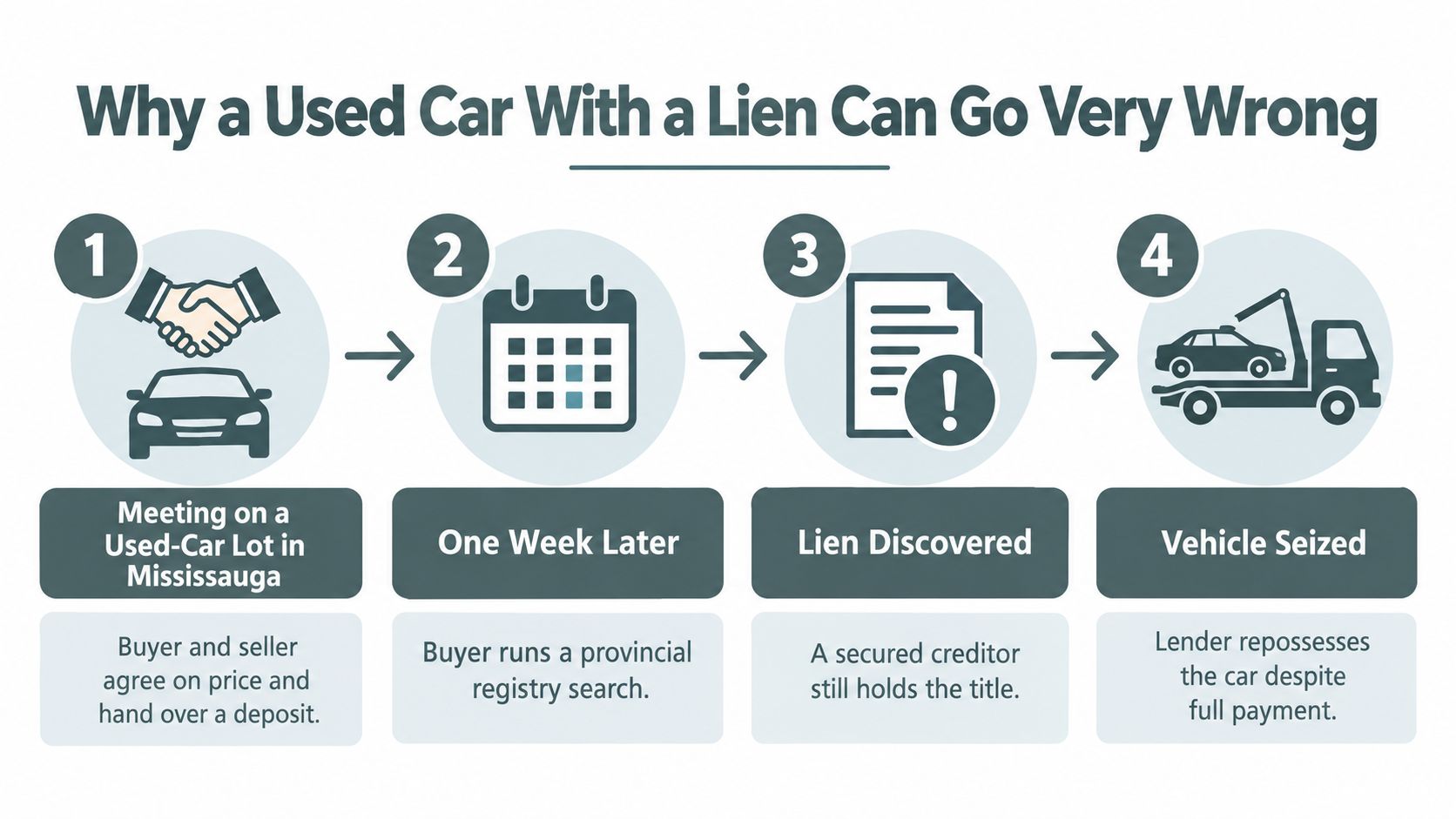 A four-step infographic illustrating the risks of purchasing a used vehicle that has an outstanding lien.