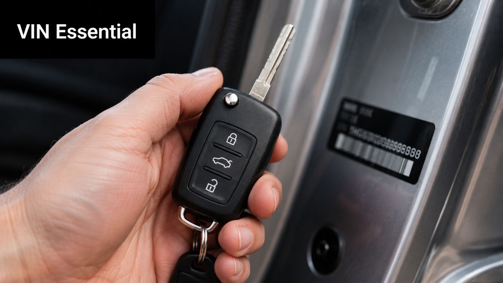 A person holding a car key fob next to a vehicle identification number sticker on a car door.