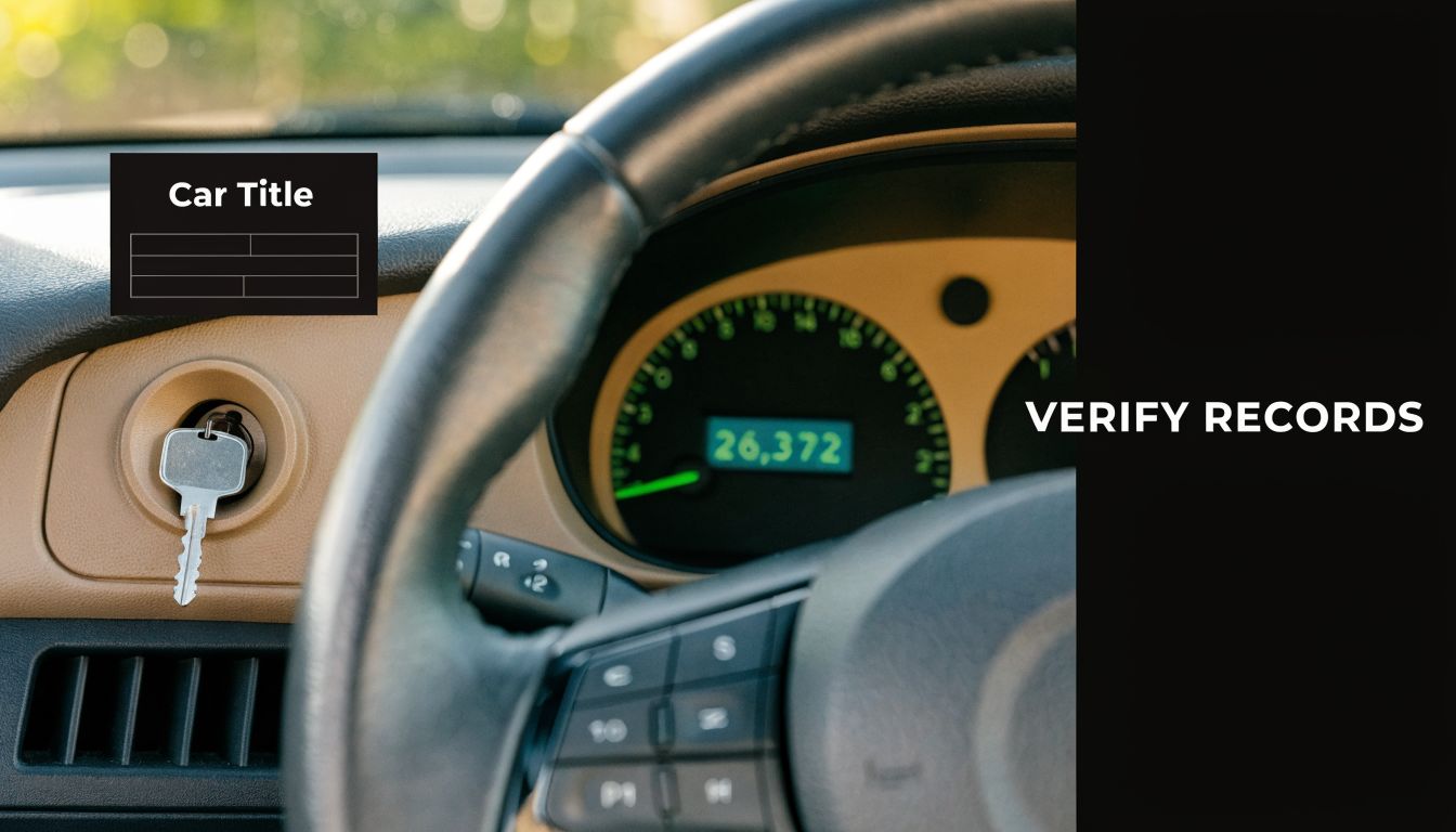 A car steering wheel with a key in the ignition and a dashboard showing mileage.