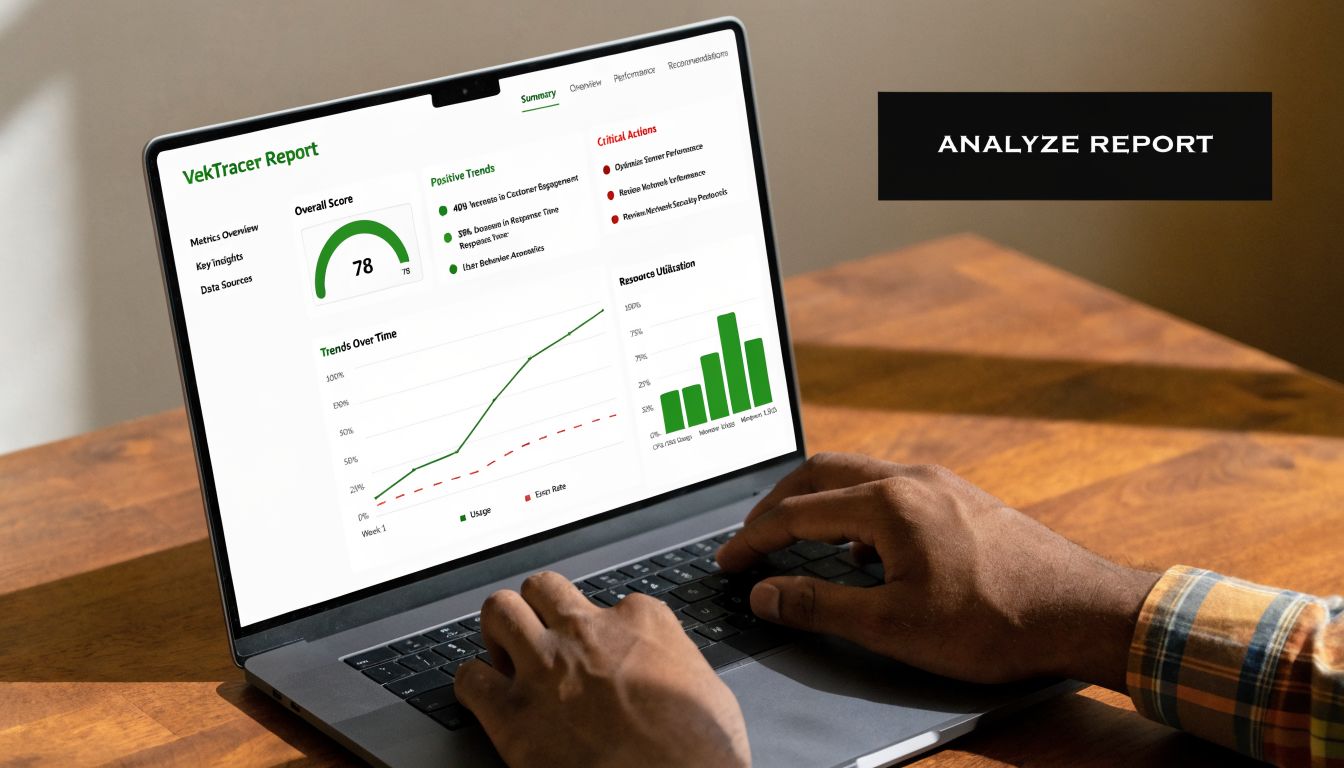 A close-up view of a person using a laptop displaying the VekTracer dashboard with performance reports.