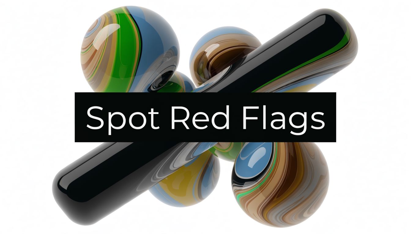 A 3D graphic featuring a black rectangular sign with the text Spot Red Flags layered over abstract spheres.